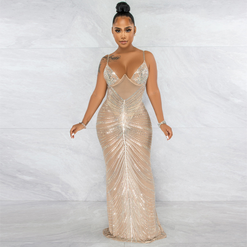 Women's Mesh Drill Deep Sexy Sheer Gown